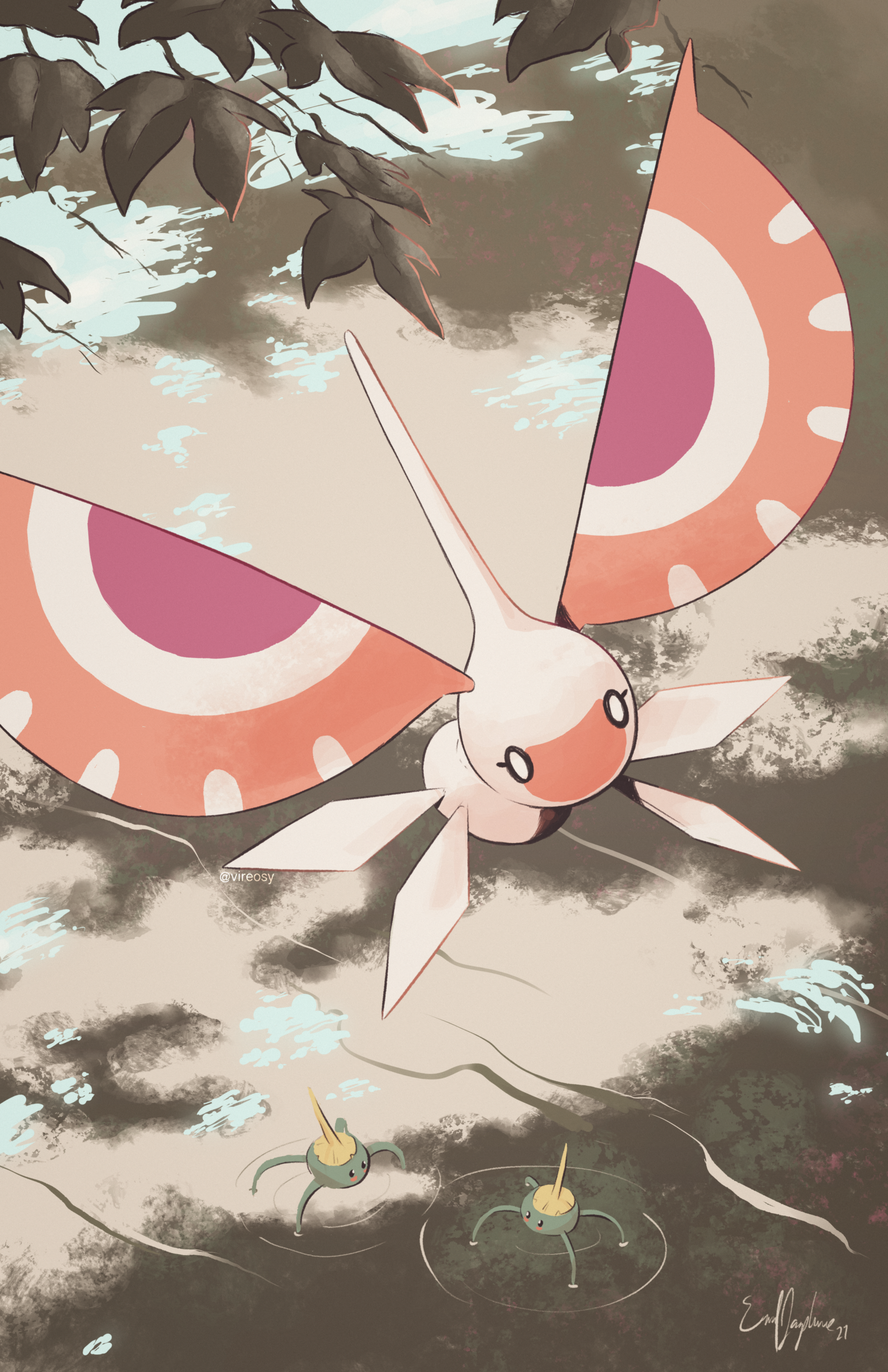 Illustration of the Pokémon Masquerain and Surskit.