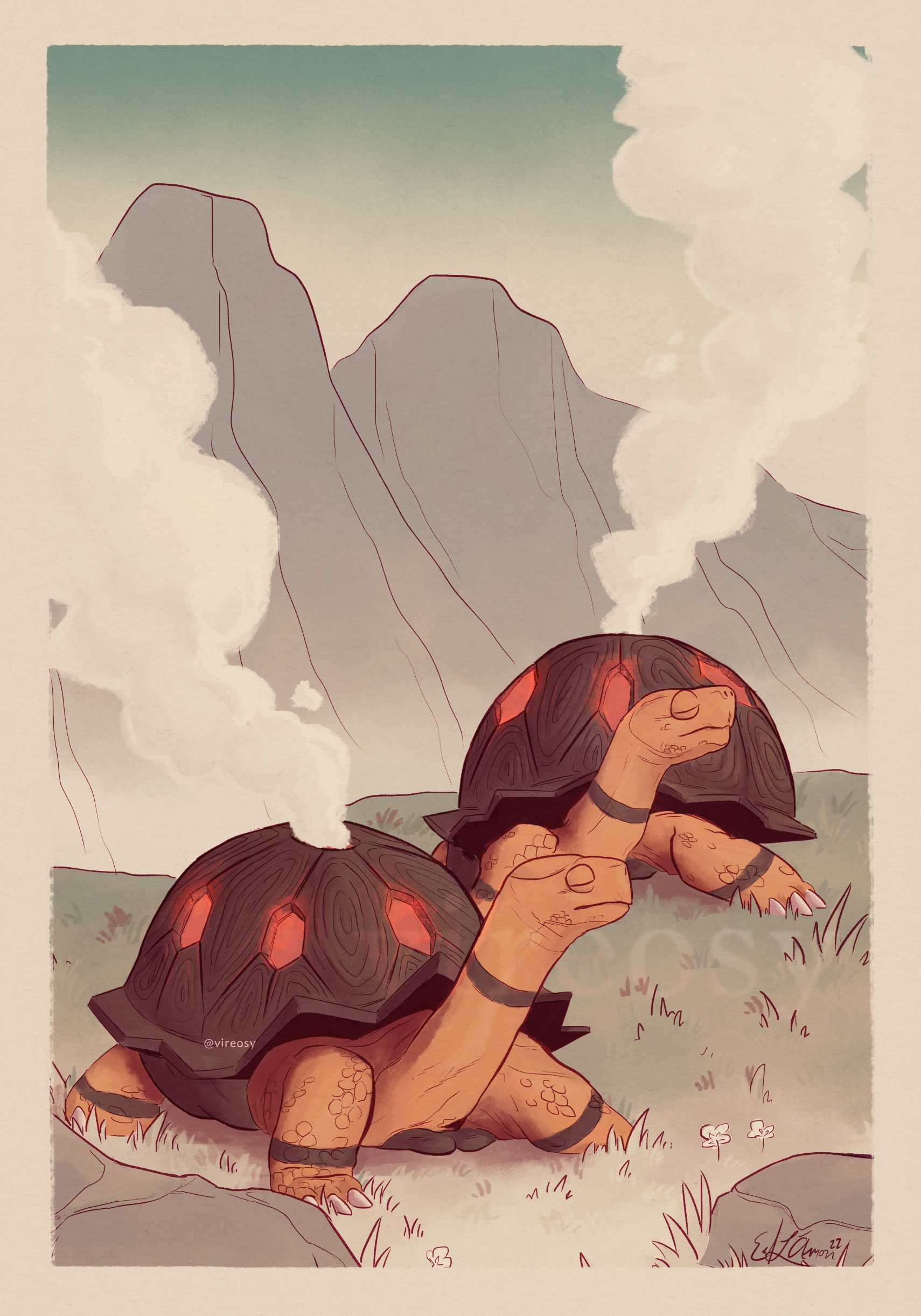Illustration of a pair of Torkoal, a volcanic tortoise Pokémon.