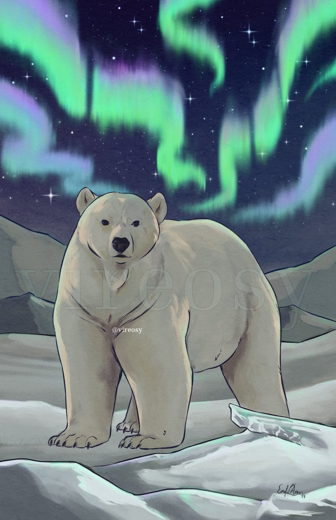 Illustration of a polar bear under the Aurora Borealis.